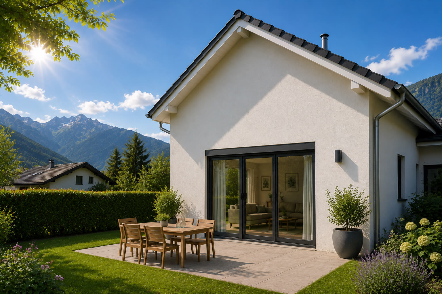 Maison suisse exposée au soleil avec grandes fenêtres