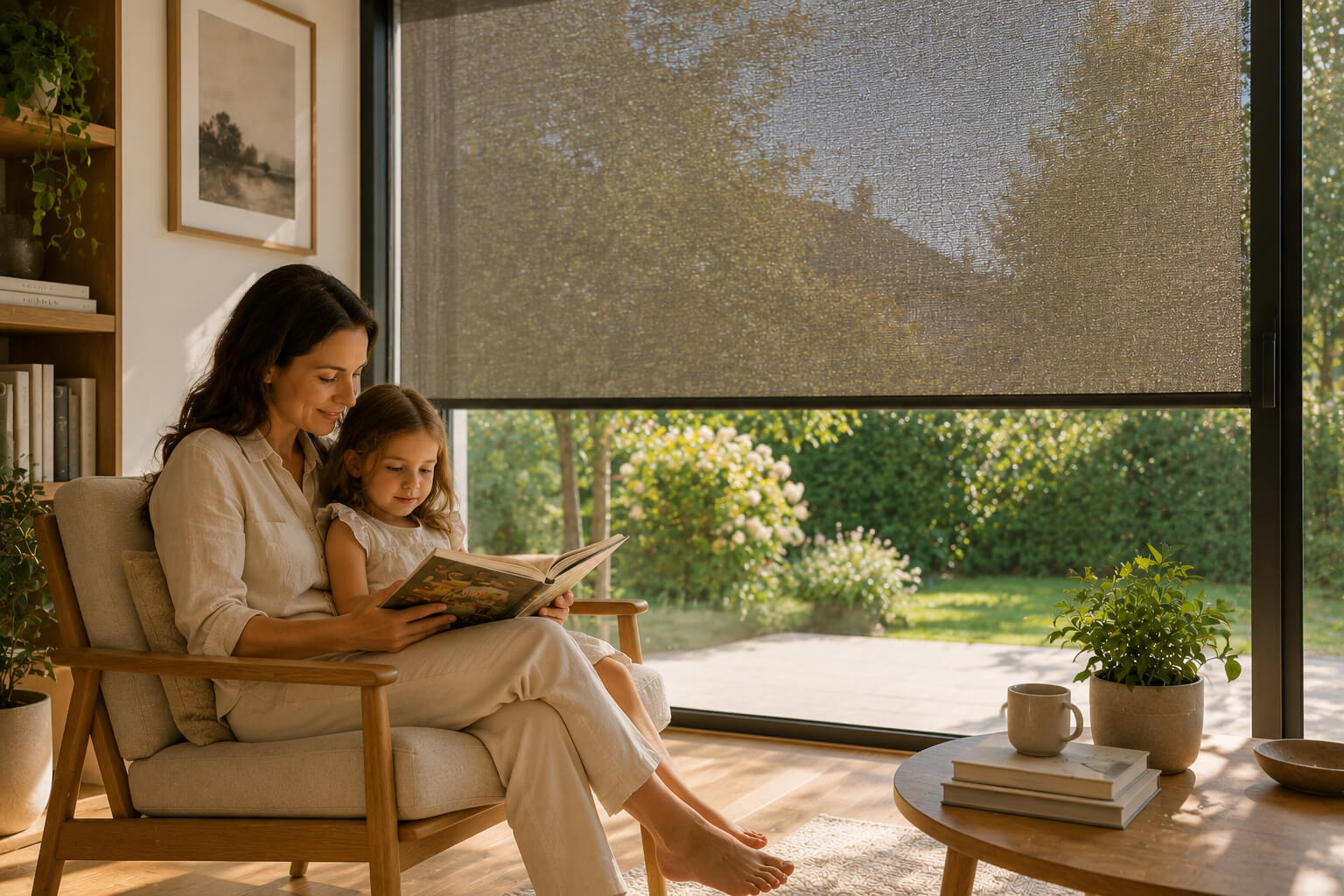 Famille près d'une fenêtre avec lumière naturelle filtrée